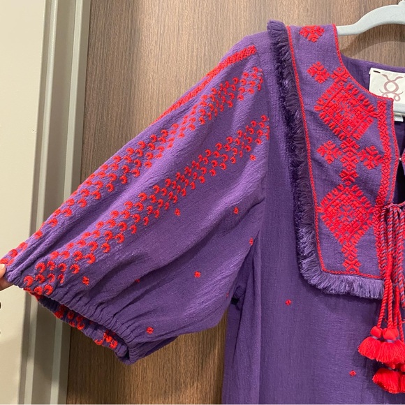 Figue Embroidered Blouse Size Small Tassels Fringe Balloon Sleeves Cotton Boho - Picture 9 of 15